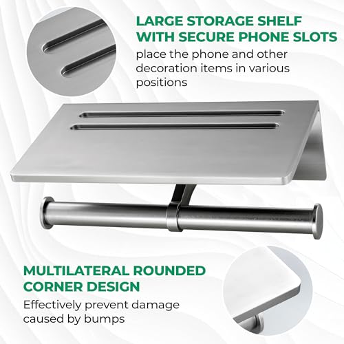 Toilet Paper Holder - Aluminium Double Roll Toilet Tissue Holder with Mobile Phone Shelf for Bathroom, 3M Self Adhesive No Drilling or Wall-Mounted, Rustproof Modern Style Brushed Nickel