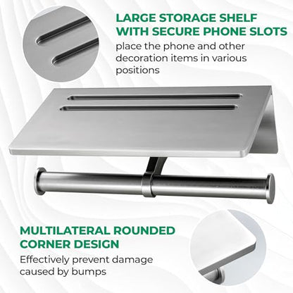 Toilet Paper Holder - Aluminium Double Roll Toilet Tissue Holder with Mobile Phone Shelf for Bathroom, 3M Self Adhesive No Drilling or Wall-Mounted, Rustproof Modern Style Brushed Nickel