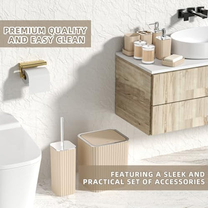 XLHOMO Bathroom Accessories Set - 25PC Bathroom Sets with Shower Curtain and Rugs, Beige Bathroom Set with Trash Can, Soap Dispenser, Soap Dish & Toilet Brush - size: Bath Set+Shower Curtain+Rugs, style: Beige&Silver
