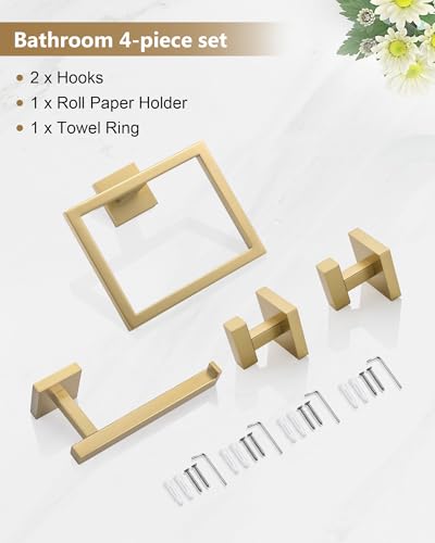 Brushed Gold Bathroom Accessories, Toilet Paper Holder, Towel Ring & Hooks | Lairuier Bathroom Hardware Set, Toilet Paper Holder Set SUS304 Stainless Steel Bath Hand Towel Ring for Bathroom Wall Mounted - color: Brushed Gold