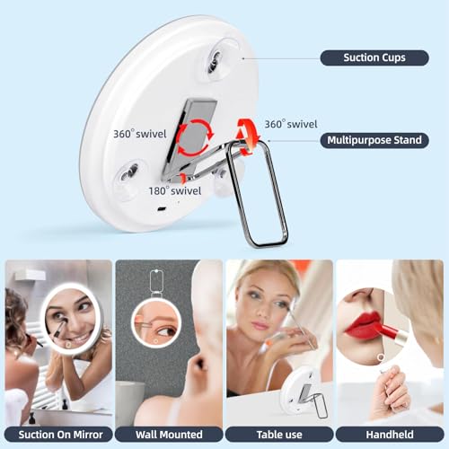 Magnifying Mirror with Light 30x, Lighted Rechargeable Adjustable Brightness Handheld Makeup Mirror with Suction Cup,Foldable Dimmable Portable Travel Mirrors for Wall Tabletop Desk Bathroom