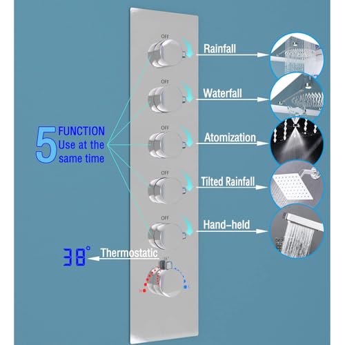 Enga Luxury Dual Shower Head System LED Thermostatic Shower System with 6 inch Wall Shower, 20-Inch 3 Function Shower Head (Rainfall & Mist & Waterfall), Chrome - color: Chrome, style: 20" Head (Rain + Mist+Waterfall) - 6" Head
