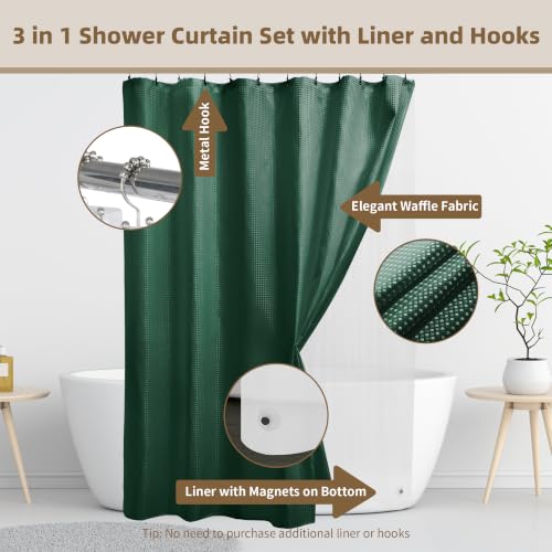 Siiluminisoy Shower Curtain and Liner Set, Waffle Shower Curtain Set with 12 Stainless Steel Hooks, Waterproof Luxury Fabric Shower Curtains for Bathroom and Hotel, Dark Green, 72" W x 72" H - color: Dark Green, size: 72"W x 72"L (Pack of 1)