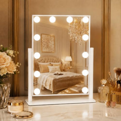 FENNIO Lighted Vanity Mirror, 13" x 16", 12 LED Bulbs, White | Vertical 12-light makeup mirror with 360° rotation, compact size, and a clean white vanity look. - size: 13"L x 17"W