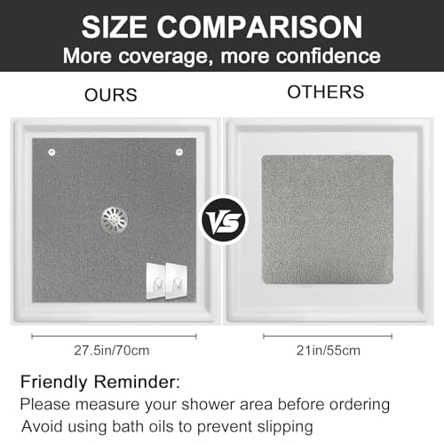 Extra Large Square Shower Mat for Inside Shower, 27 x 27 Inch Shower Floor Mat with Center Drain Hole, Designed for Walk-in Showers, Non-Slip Loofah Mat with Wide Coverage for Stable Standing