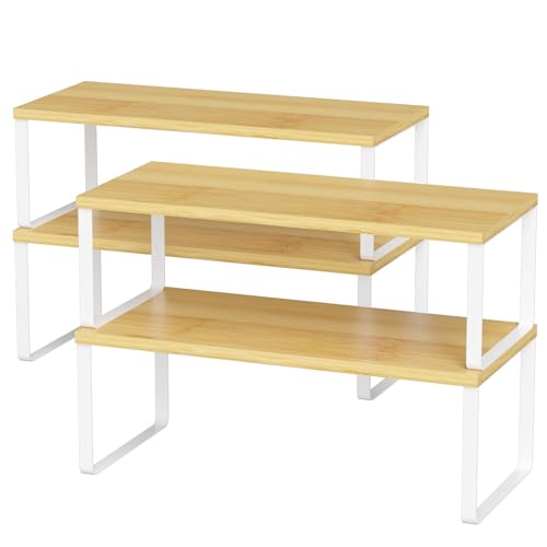 NEX Kitchen Cabinet and Counter Shelf Organizer, Stackable & Expandable, Set of 4, White and Natural - 7.7 x 15.6 x 6.2'' | Stackable Expandable Spice Rack, Space-Saving Pantry Organizers Bathroom Countertop Storage, White and Natural - color: Cloud White