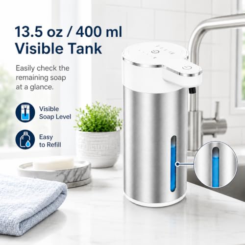 Automatic Liquid Soap Dispenser, Touchless Stainless Steel(White, Liquid) | 13.5 oz Capacity, 4 Adjustable Levels, USB Rechargeable Liquid Soap Dispenser for Bathroom and Kitchen - color: White, size: Liquid