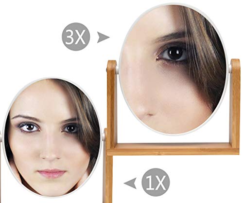 YEAKE Vanity Makeup Mirror with Natural Bamboo Stand, 8 Inch Double Sided 3X Magnification Swivel Mirror for Bathroom & Desk - color: White-oval (1x,3x)