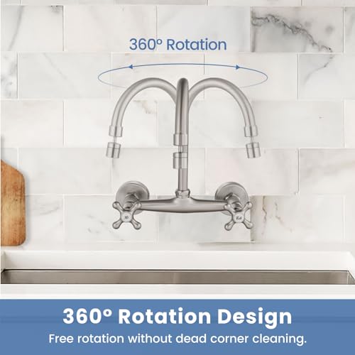Airuida Brushed Nickel Wall Mounted Kitchen Faucet,Utility Sink Faucet | 8 Inch Adjustable Center,360° Swivel Spout,Wall Mount Commercial Faucet,Double Cross Handle - color: Brushed Nickel