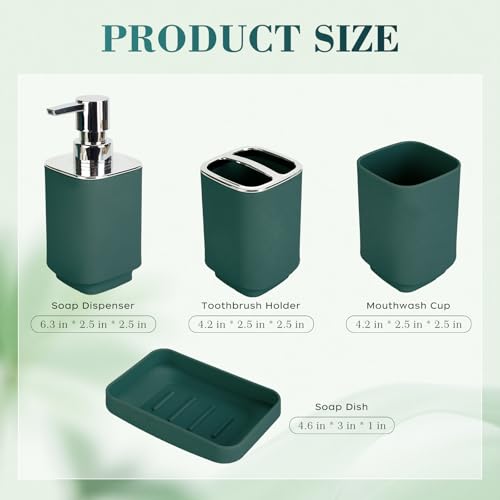 4Pcs Dark Green Bathroom Set, Square Boho Soap & Toothbrush Holder Set | Thick shatterproof ABS, electroplated rust-proof pump, drip-free, multi-slot holder, dustproof lids, easy-clean - color: Dark Green, size: 4PCS