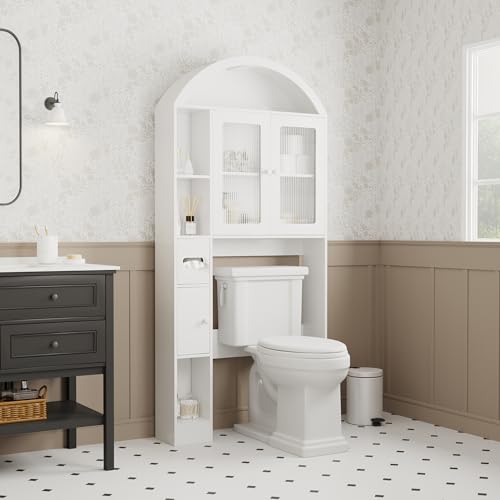 Over The Toilet Storage,Arched Wooden Over The Toilet Storage Organizer with Double Doors,Multiple Compartments and Open Shelves,Anti-tip Device,Space Saving (Toilet cabinet-white-01)