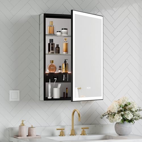 24x32 Right-Hinged Black Framed Medicine Cabinet with Lights, 3-Color/Dimmable, Anti-Fog, Aluminum, Plug-in& Hardwired, Surface Mount & Recessed, Centered Outlets &USB Ports&Magnetic Area - color: Black, size: 24x32(R)
