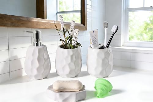 Ceramic Bathroom Accessories Set 4 PCS,Include 16 oz Soap Dispenser,Toothbrush Holder,Tumbler,Soap Dish,Textured Bathroom Counter Set (White) - color: White Ceramic 4 Pcs
