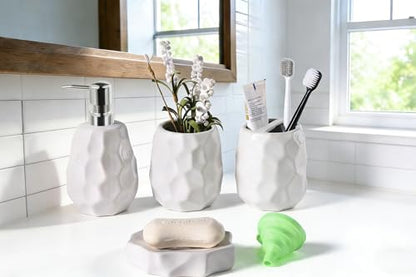 Ceramic Bathroom Accessories Set 4 PCS,Include 16 oz Soap Dispenser,Toothbrush Holder,Tumbler,Soap Dish,Textured Bathroom Counter Set (White) - color: White Ceramic 4 Pcs