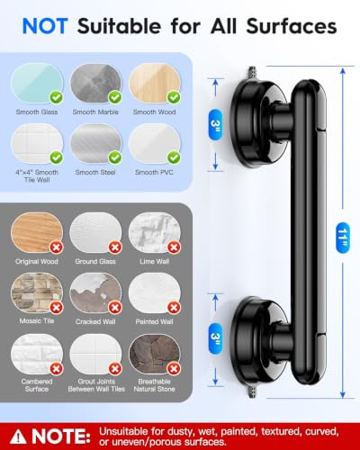 Upgraded Grab Bars for Shower Bathtub Bathroom Wall, Heavy-Duty Suction Grab Bars Shower Handle Safety for Elderly Seniors Handicap, No Drilling Tool-Free, Easy Removal and Reusable (Black) - color: Black