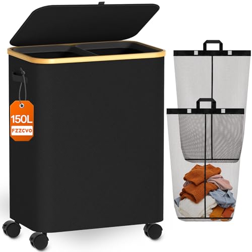 Double Laundry Hamper with Lid and Wheels, 150L Large Laundry Basket with 2 Sections & Removable Liner Bags, Rolling Dirty Clothes Basket with Handles for Bedroom, Bathroom, Dorm, College - color: Black, size: 150L