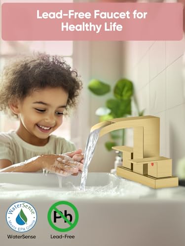 Cobbe Waterfall Bathroom Faucets 3 Hole, Brushed Gold Bathroom Sink Faucet Square 4 Inch Centerset with Pop-Up Drain, 2 Handle and 2 Supply Hoses, Lead-Free Stainless Steel for Vanity Sink Rv - color: Gold, size: 4 Inch Centerset