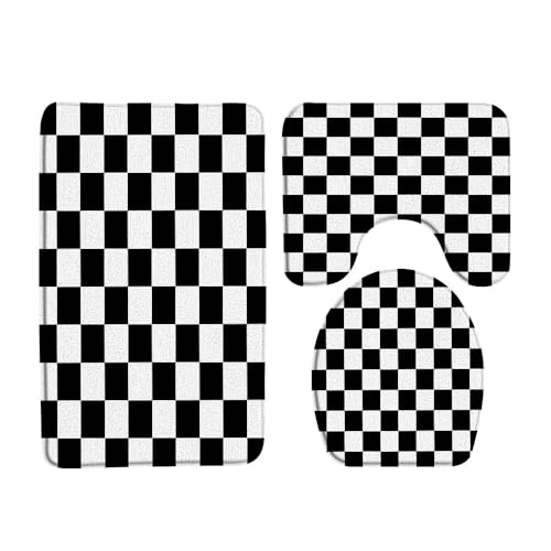 3PCS Checkered Bath Mat Set Black and White Cute Retro Checkboard Minimalist Modern Groovy Aesthetic Memory Foam Bathroom Kitchen Toilet Decor Floor Rugs 59Wx23.6H Toilet Lid Cover and U-Shaped - color: Black, size: 3PCS-59x23.6/60x150cm