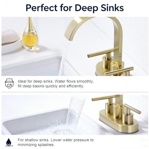 TRUSTMI 4" Centerset Bathroom Faucet, Brushed Gold - High-Flow Waterfall Spout for Deep Sinks, 360° Swivel, 2 or 3 Hole Deck Mount, Includes Drain & Supply Lines - color: Brushed Gold