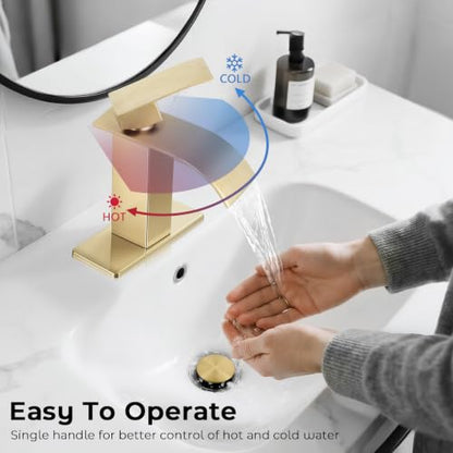 Brushed Gold Bathroom Faucets, Waterfall Bathroom Sink Faucet | Single Handle, Stainless Steel, Vanity Faucet with Deck Plate, Pop-up Drain, For 1 or 3 Hole, RV, Farmhouse - color: A-Brushed Gold