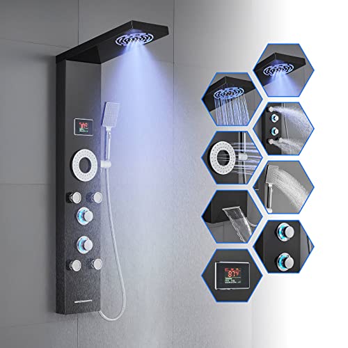ROVOGO Shower Panel Tower With Led Lights & Digital Display, Water Powered | Rainfall Mist Shower Head, 5 Body Jets, Handheld and Tub Spout, Stainless Shower Column with Brass Valves, 46.5 Inch, Black - style: 5-Function-Black-Water Powered