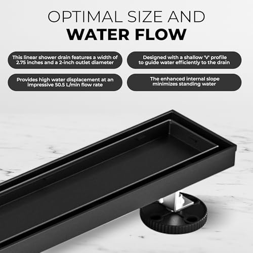 24-Inch Linear Shower Drain - 304 Stainless Steel | Reversible 2-in-1 Flat & Tile Insert Cover, Rectangular Floor Drain Set with Hair Catcher & Adjustable Leveling Feet - color: Matte Black, size: 24 Inch