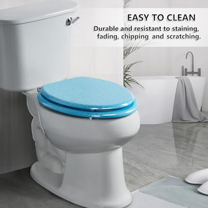 Angol Shiold Glitter Toilet Seat Molded Wood Elongated Toilet Seat with Quietly Close and Quick Release Hinges, Easy to Clean also Easy to Install (Elongated 18.5'', Blue) - color: Blue, size: Elongated 18.5‘’