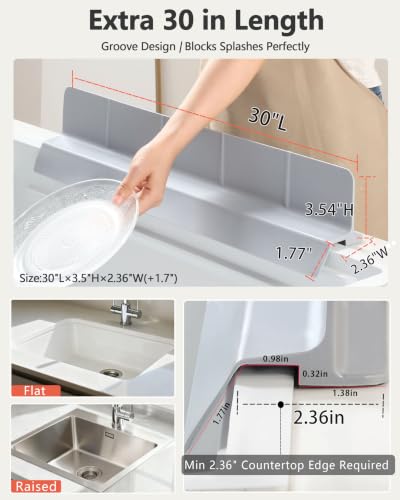 Kitchen Sink Splash Guard 30" 23" 18" Self-Draining Silicone Water Guard with High Splash Wall & Strong Suction Cups for Faucet, Countertop & Sink Edge, Keeps Sinks Dry, Dishwasher Safe, Grey - color: Gray, size: 30" x 3.5"