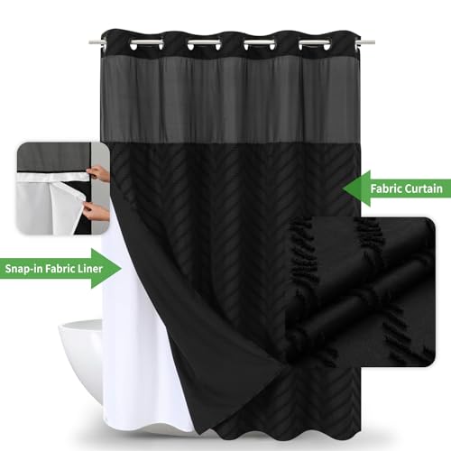 eachope No Hook Tufted Chevron Striped Shower Curtain with Snap-in Fabric Liner set-71Wx74H(72H),Black Hotel Grade Boho Style Shower Curtain with See Through Top Window,Water Repellent - color: Black, size: 71"W x 74"L (Pack of 1)