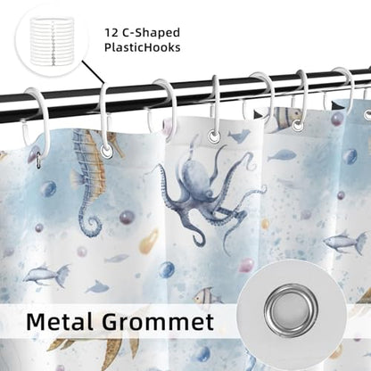 Yeele Ocean Creatures Watercolor Shower Curtain, Turtle Octopus Blue Print Shower Curtain, Waterproof Machine Washable Fabric Bath Curtain 60x72 Inch with Grommets and Hooks - color: Blue 1, size: 60"Wx72"L