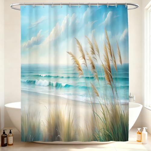 Ocean Sea Beach Shower Curtain, Coastal Sandy Shower Curtains for Bathroom, Light Blue Nature Blossom Waterproof Polyester Fabric Shower Curtain Set with Hooks, Standard Size 72 x 72 inches - color: Light Blue