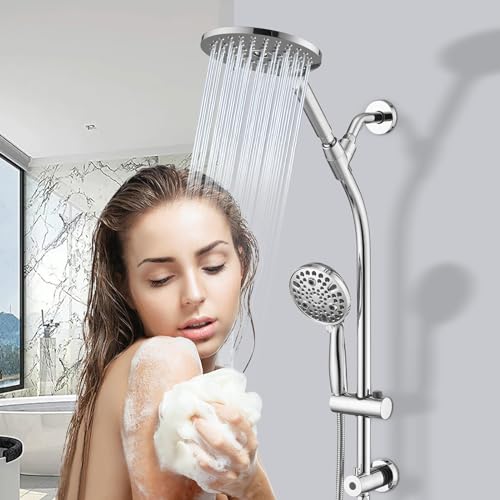 High Pressure Shower Head with Handheld Shower, 26" Adjustable Height Drill-Free Slide Bar, 3-Way Diverter for Easy Reach, Dual Shower Head Combo Set with 5ft Hose - Chrome - color: Chrome