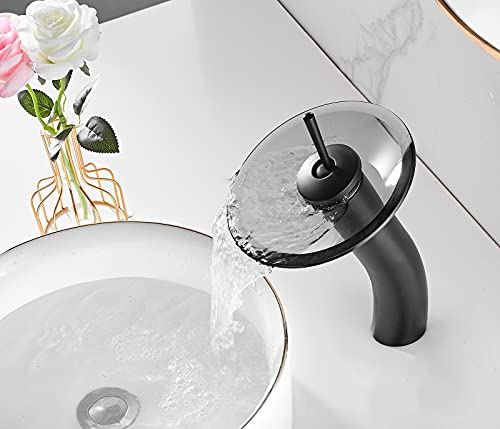 Waterfall Black Bathroom Vessel Faucet Glass Spout 360° Swivel Single Handle One Hole Solid Brass Bowl Faucet Bath Lavatory Vessel Sink Vanity Tall Body for Above Counter Sink | Bowl Sink Faucet Bath Lavatory Vessel Sink Vanity Tall Body for Above Counter