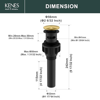 KENES Brushed Gold Pop Up Bathroom Sink Drain with Overflow, Bathroom Sink Drain Assembly with Strainer Pop Up Drain, Lavatory Bathroom Vanity Sink Pop Up Drain Stopper - color: Brushed Gold, size: Big Pop up Cap (With Overflow)