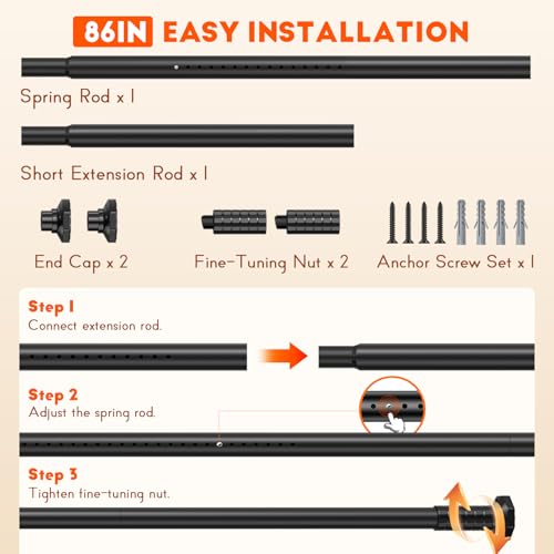 Tension Shower Curtain Rod, No Drilling, Adjustable 45-86 In, Black | 1.26" Diameter Heavy Duty Tension Rod, Easy Install, Rustproof, Tool-Free, for Bathroom Window Living Room Divider Closet - color: Black, size: 45-86"
