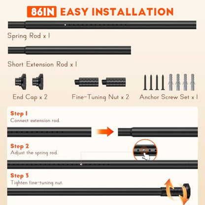Tension Shower Curtain Rod, No Drilling, Adjustable 45-86 In, Black | 1.26" Diameter Heavy Duty Tension Rod, Easy Install, Rustproof, Tool-Free, for Bathroom Window Living Room Divider Closet - color: Black, size: 45-86"
