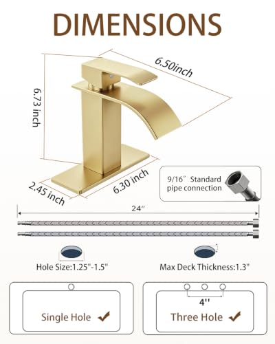 Waterfall Single Handle Bathroom Sink Faucet with Drain Gold | Brushed Gold Vanity Faucet with Pop-up Drain, Ceramic Valve, for 1 or 3 Hole Modern Bathrooms. - color: Light Gold