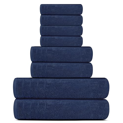 Tens Towels 8 Piece Towel Set, 2 XL Bath, 2 Hand, 4 Washcloth, Navy | 100% Cotton, Lighter Weight, Quicker to Dry, Super Absorbent, Perfect for Bathroom - color: Navy