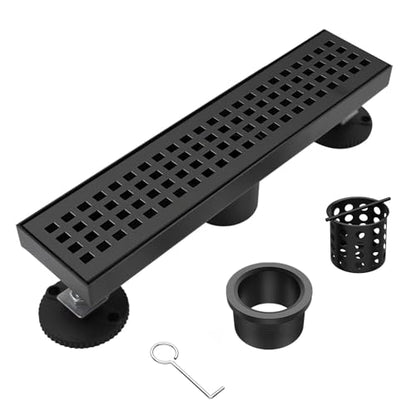 12 Inch Linear Shower Drain with Accessories, Rectangular Floor Drain 304 Stainless Steel Quadrato Pattern Removable Cover Matte Black - size: 12 Inch