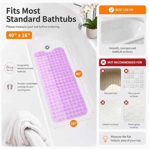 Yimobra Non Slip Bathtub Mat 40 x 16 Inch, Extra Long Shower Mat with Drain Holes, Machine Washable Baby Bath Mats, Strong Suction Cups for Bathroom Floor, Clear Purple - color: Clear Purple