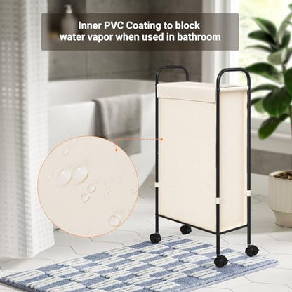 ELYKEN Slim Laundry Hamper with Lid & Wheels, 50L Rolling Laundry Basket | 7.9" Narrow Design, 50L, Removable Liner Bag, Lockable Wheels, Space Saving Clothes Hamper for Bathroom, Bedroom, Closet - style: Creamy-50L