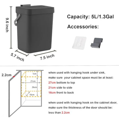 LALASTAR Countertop Compost Bin with Lid, Hanging Small Trash Can with Lid Under Sink for Kitchen, Food Waste Bin for Countertop, Mountable Garbage Can for Bathroom, RV, 5L/1.3 Gal, Black - color: Black