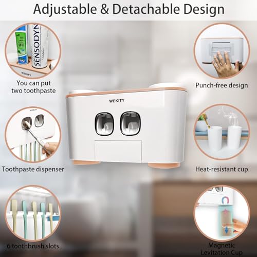 Toothbrush Holder Wall Mounted, WEKITY Multi-Functional Toothbrush and Toothpaste Dispenser for Bathroom, with 5 Toothbrush Slots, 2 Toothpaste Squeezers and 4 Cups(Pink) - color: Pink
