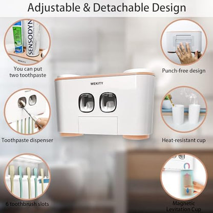 Toothbrush Holder Wall Mounted, WEKITY Multi-Functional Toothbrush and Toothpaste Dispenser for Bathroom, with 5 Toothbrush Slots, 2 Toothpaste Squeezers and 4 Cups(Pink) - color: Pink
