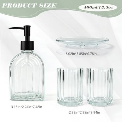4-Piece Glass Bathroom Accessories Set, Clear Soap Dispenser, Soap Dish, Toothbrush Holder & 2 Tumblers, Bathroom Countertop Organizer Set for Vanity, Sink, Apartment & Modern Decor