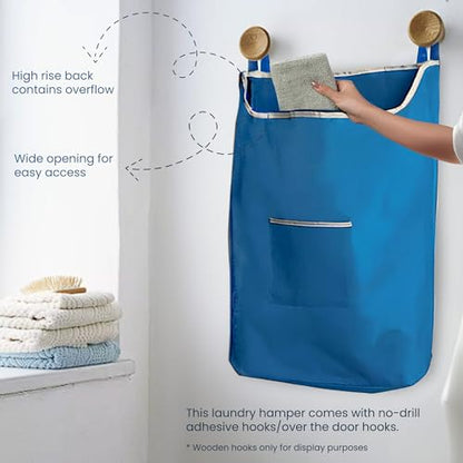 The Fine Living Co. X-Large Hanging Laundry Hamper with Over Door Hooks & Adhesive, Durable Space Saving Laundry Bag with Zipper and Wide Open Top, Hanging Dorm Laundry Hamper 20"x3.75"x31" (Blue-XL) | Hanging Dorm Laundry Hamper with Over Door Hooks & Ad