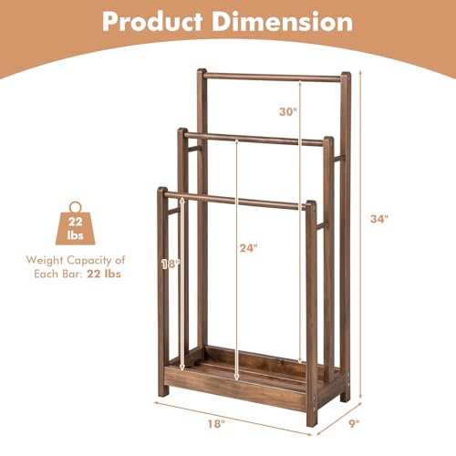 Giantex 3 Tier Free Standing Towel Rack with Storage Shelf, Rustic Brown | Wood Bath Towel Drying Stand, Blanket Holder for Living Room, Laundry, Bathroom, Poolside, 18" L x 9" W x 34" H - color: Rustic Brown