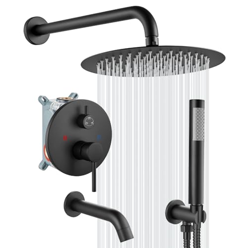 gotonovo Tub Shower Faucet Set with Valve,Matte Black,Straight Handheld | 10” Rain Shower Head with Handheld Trim Kit,Luxury Shower System with Tub Spout,All Metal,Bathroom Wall Mounted 3 Function - color: Black