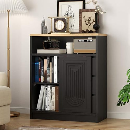 Gyfimoie Bathroom Storage Cabinet with 3 Drawers, Wooden Floor Cabinet with 1 Sliding Door & Adjustable Shelves for Bathroom, Living Room, Entryway (Black)