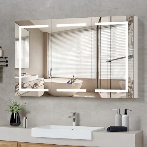 VINGLI 60 x 36 Inch Extra Large Lighted Bathroom Medicine Cabinet with Mirror, Large 3-Door Wall Mounted Bathroom Medicine Cabinet with Lights, Dimmable Mirror with Storage, Built-in Outlet & USB - size: 5.9"D x 60"W x 36"H